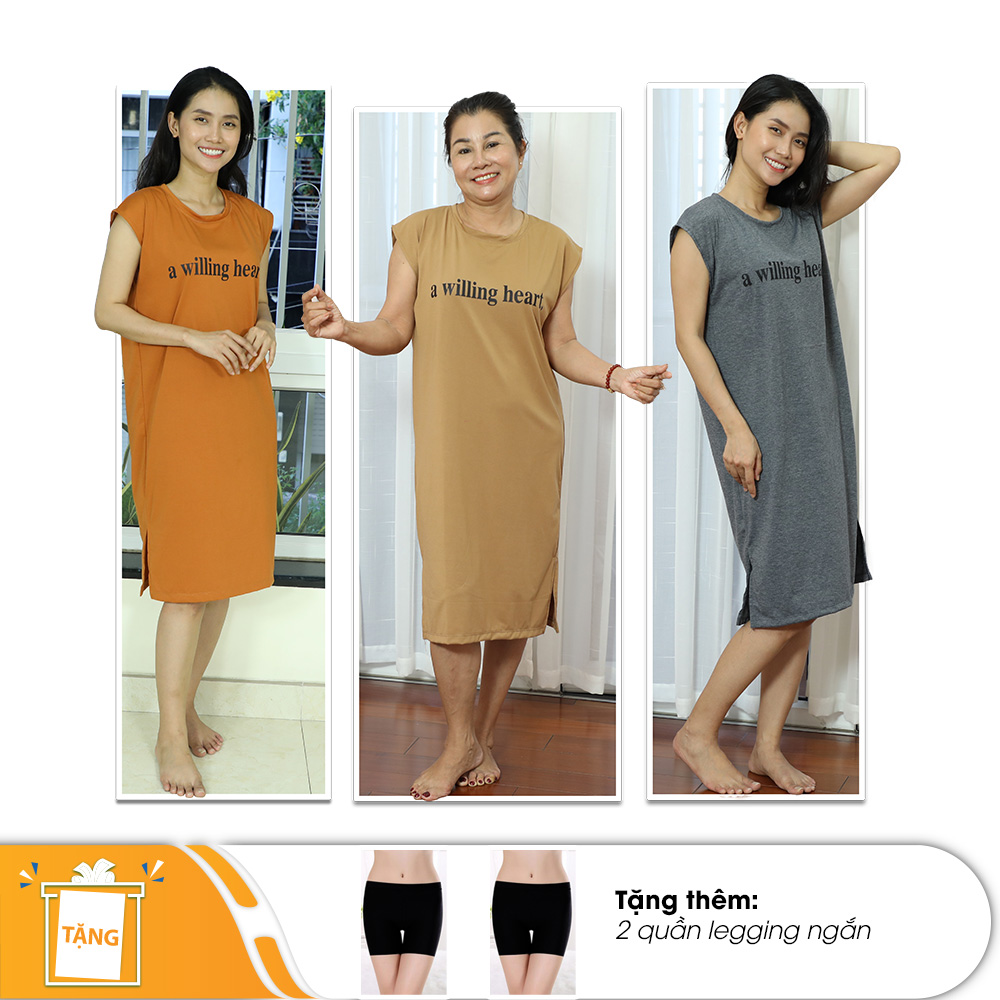 Bộ 3 đầm thun suông thời trang thương hiệu TA - Tặng 2 quần legging lửng + 5 quần lót MUJI không viền Nhật Bản