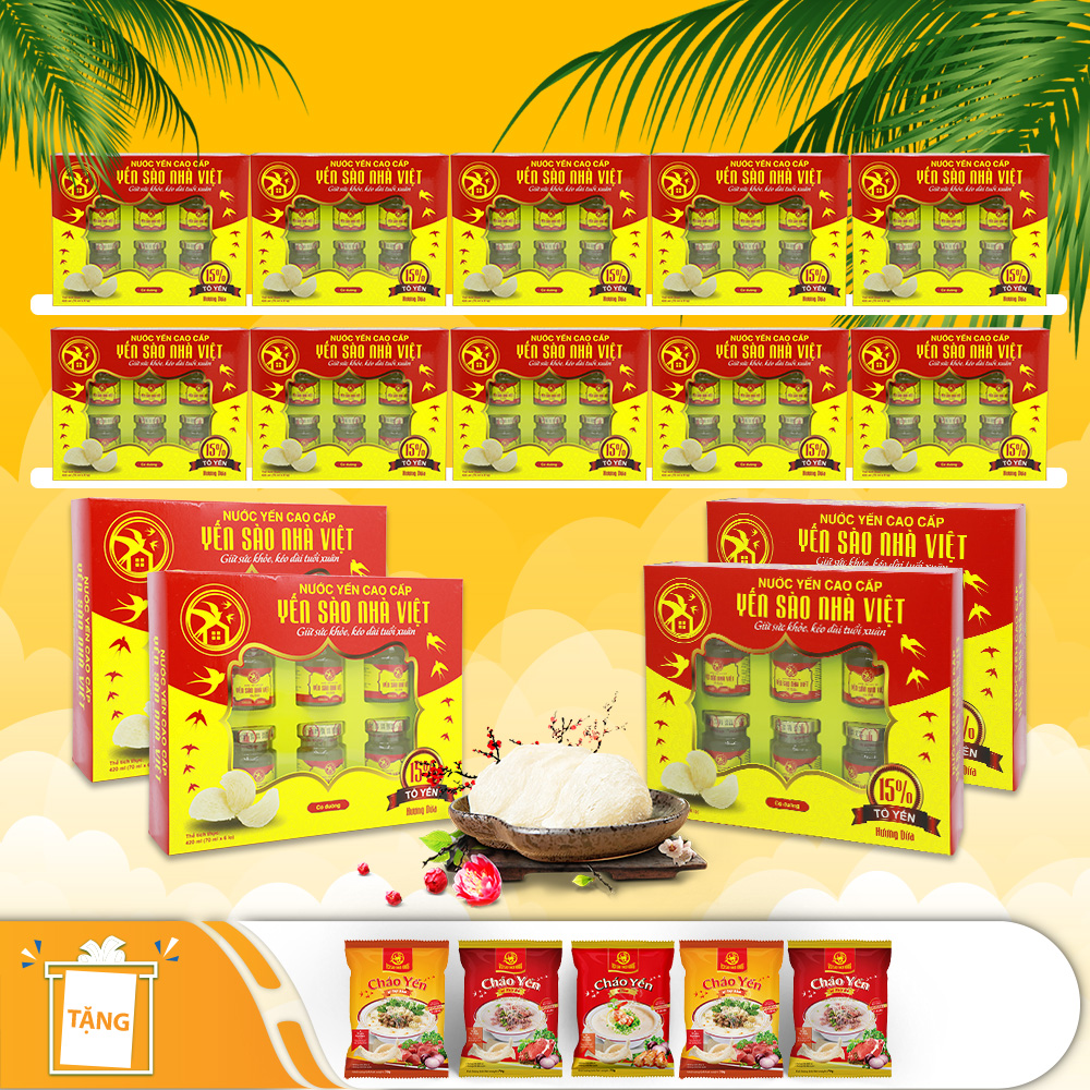 10 hộp yến sào Nhà Việt 15% hương dừa ( 6 lọ/hộp) - Tặng 4 hộp yến sào Nhà Việt 15% hướng dừa (6 lọ/hộp) + 5 gói cháo yến 10 hộp yến sào Nhà Việt 15% hương dừa ( 6 lọ/hộp) - Tặng 4 hộp yến sào Nhà Việt 15% hướng dừa (6 lọ/hộp) + 5 gói cháo yến