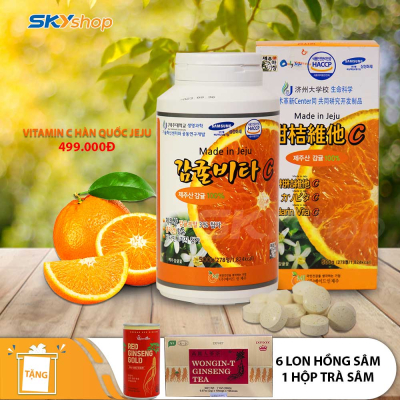 Kẹo ngậm bổ sung Vitamin C Jeju Hàn Quốc 500gr - Tặng 1 hộp trà nhân sâm Hàn Quốc Wongin - T Ginseng Tea 200g (100 gói x 2g) + 6 lon sâm 175ml