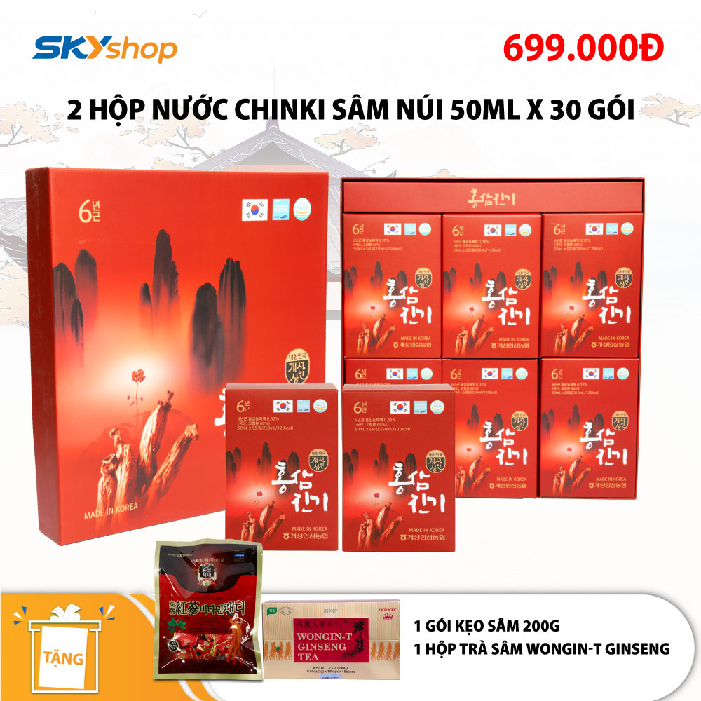 2 hộp nước sâm núi Chinki (30 gói/hộp - 50ml) - Tặng 1 gói kẹo sâm Hàn Quốc 200g + 1 hộp trà sâm Wongin-T Ginseng Tea 200g (100 gói x 2g) 2 hộp nước sâm núi Chinki (30 gói/hộp - 50ml) - Tặng 1 gói kẹo sâm Hàn Quốc 200g + 1 hộp trà sâm Wongin-T Ginseng Tea 200g (100 gói x 2g)