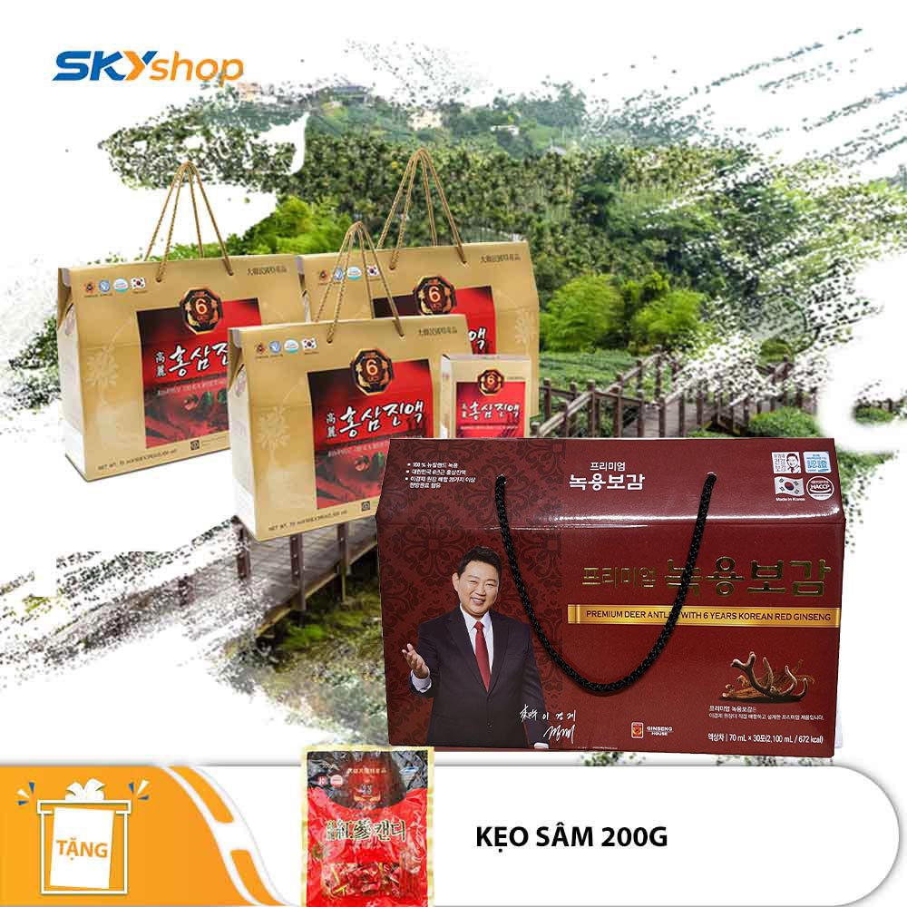 Chong Kun Dang - 1 hộp nước chiết xuất Hồng Sâm 6 năm tuổi (30 gói/hộp) + 1 hộp nước chiết xuất Nhung Hươu và Hồng Sâm 6 năm tuổi (30 gói/hộp) - Tặng 1 gói kẹo sâm 200gr Chong Kun Dang - 1 hộp nước chiết xuất Hồng Sâm 6 năm tuổi (30 gói/hộp) + 1 hộp nước chiết xuất Nhung Hươu và Hồng Sâm 6 năm tuổi (30 gói/hộp) - Tặng 1 gói kẹo sâm 200gr