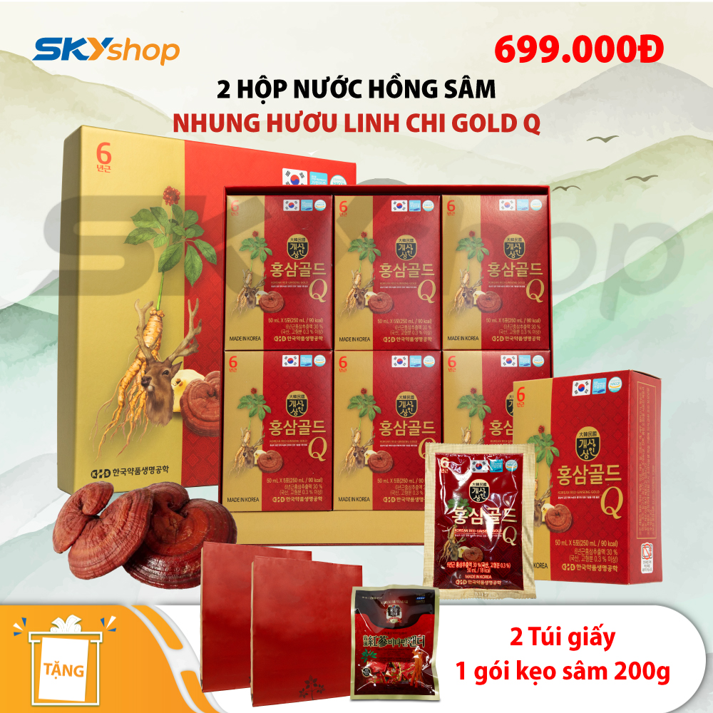 2 Hộp nước hồng sâm nhung hươu linh chi Gold Q Hàn Quốc (Hộp 30 gói x 50ml) - Tặng 2 túi giấy + 1 gói kẹo sâm 200g 2 Hộp nước hồng sâm nhung hươu linh chi Gold Q Hàn Quốc (Hộp 30 gói x 50ml) - Tặng 2 túi giấy + 1 gói kẹo sâm 200g