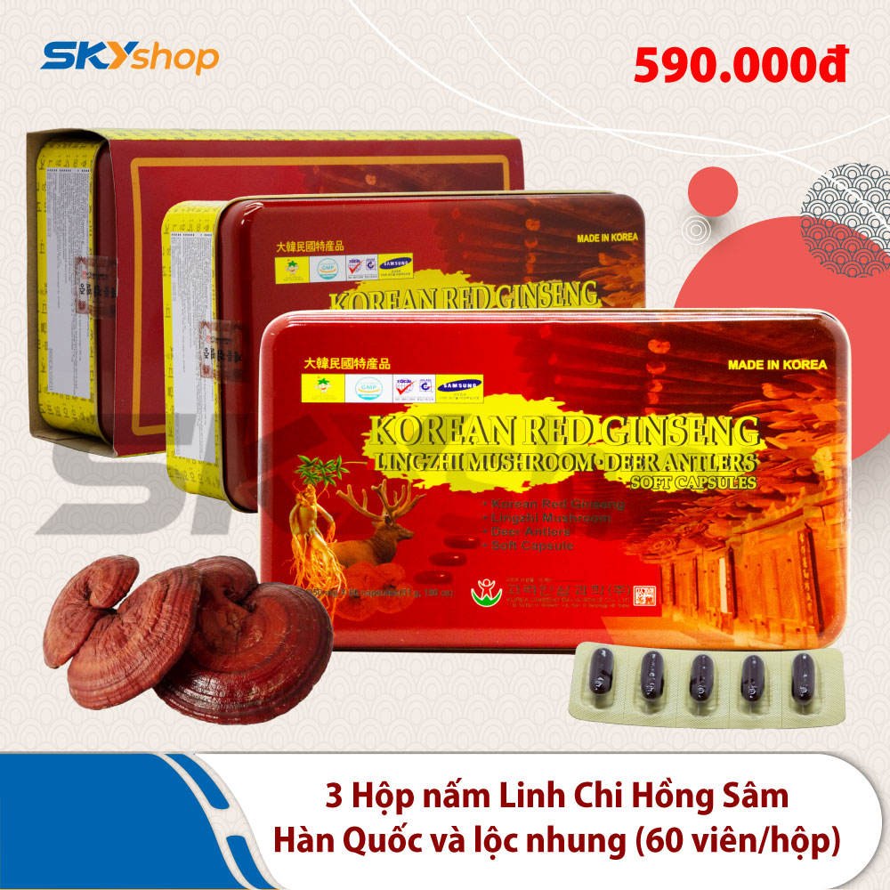 3 Hộp thực phẩm bảo vệ sức khỏe viên nang mềm nấm Linh Chi Hồng Sâm Hàn Quốc và Lộc Nhung (60 viên/hộp) 3 Hộp thực phẩm bảo vệ sức khỏe viên nang mềm nấm Linh Chi Hồng Sâm Hàn Quốc và Lộc Nhung (60 viên/hộp)