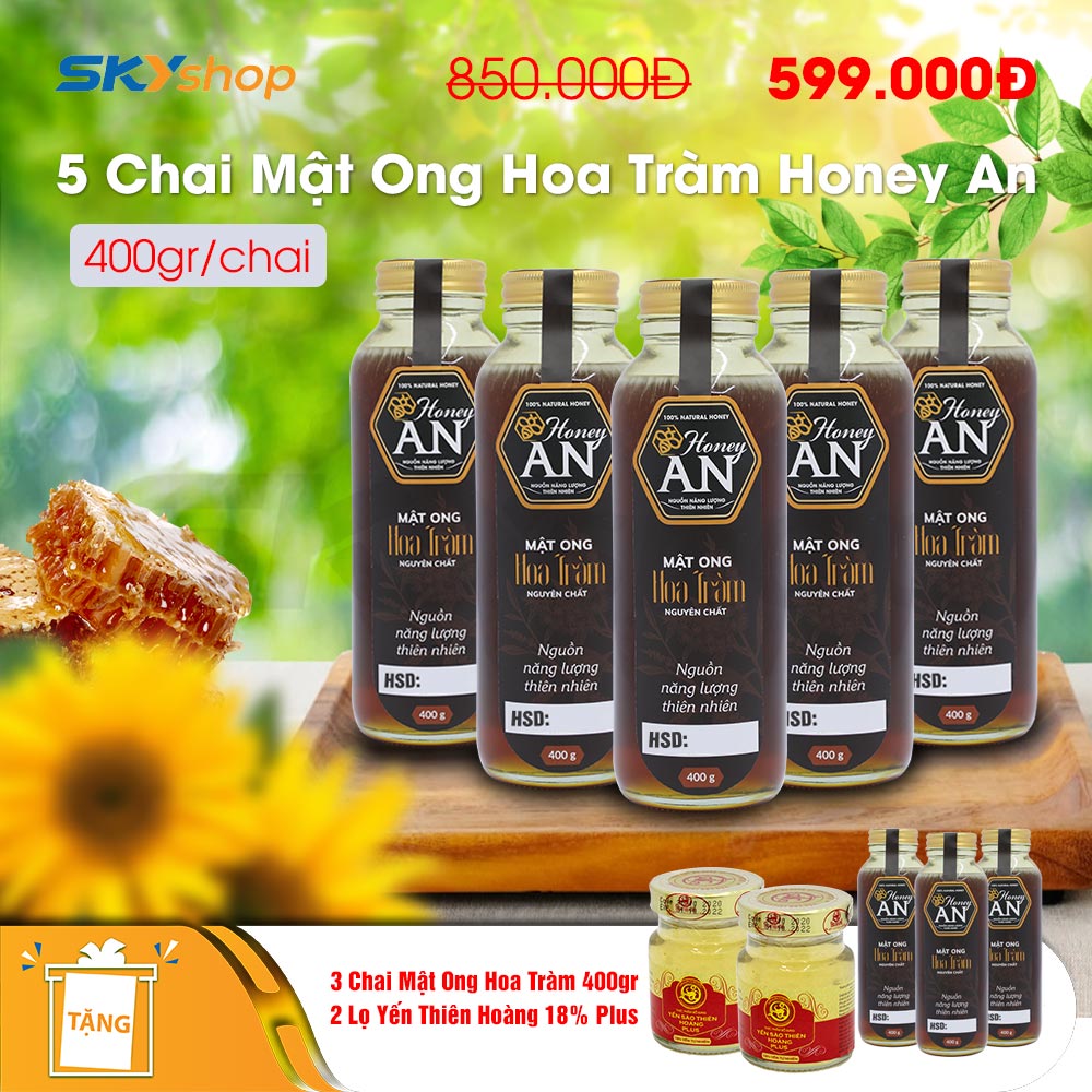5 Chai mật ong hoa tràm Honey An 400gr - Tặng 3 chai mật ong hoa tràm 400gr + 2 lọ yến Thiên Hoàng 18% Plus 5 Chai mật ong hoa tràm Honey An 400gr - Tặng 3 chai mật ong hoa tràm 400gr + 2 lọ yến Thiên Hoàng 18% Plus