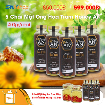 5 Chai mật ong hoa tràm Honey An 400gr - Tặng 3 chai mật ong hoa tràm 400gr + 2 lọ yến Thiên Hoàng 18% Plus