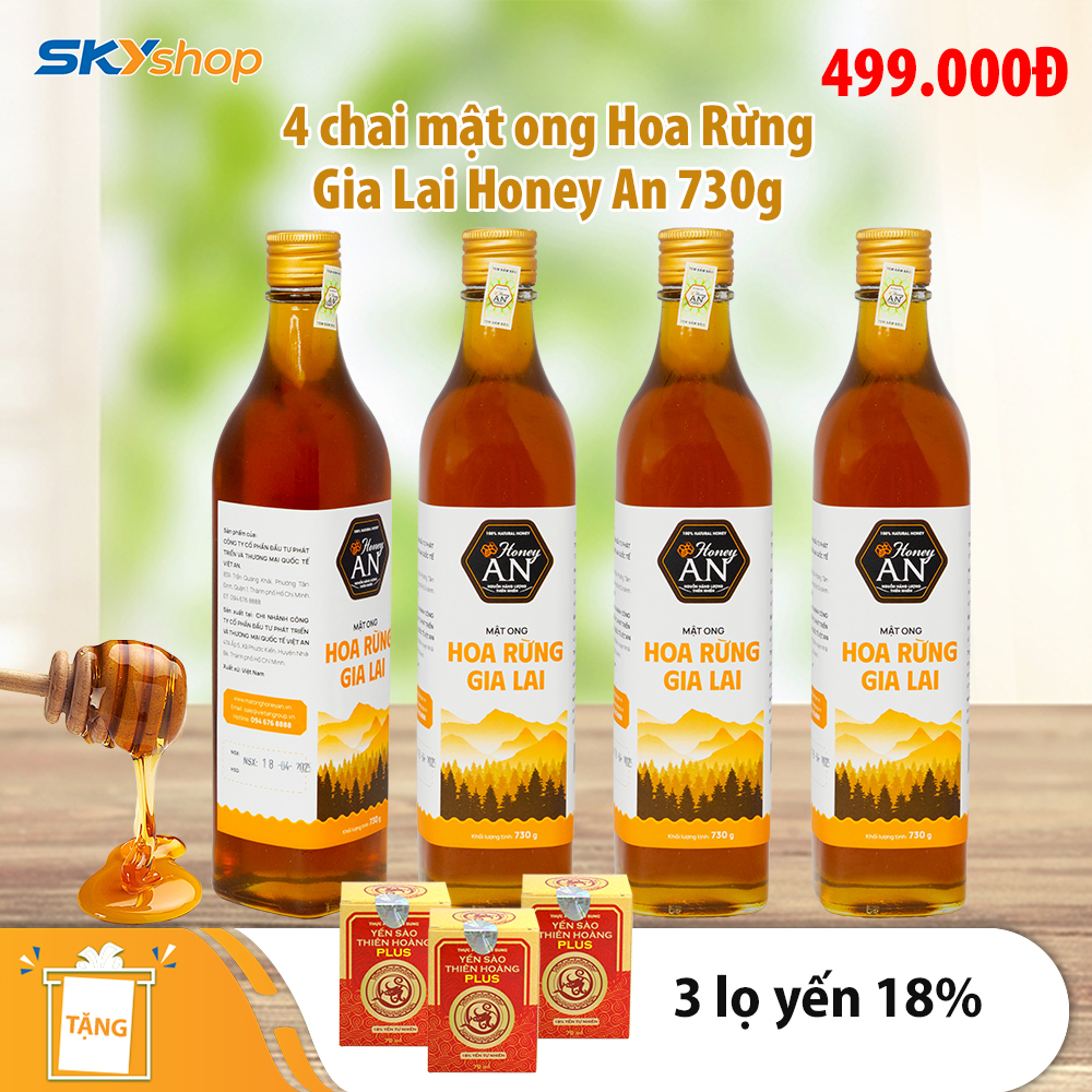 4 Chai Mật Ong Hoa Rừng Gia Lai Honey An 730g/Chai - Tặng 3 lọ yến 18% 4 Chai Mật Ong Hoa Rừng Gia Lai Honey An 730g/Chai - Tặng 3 lọ yến 18%