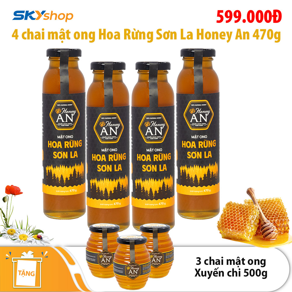 4 chai mật ong hoa rừng Sơn La Honey An 470g - Tặng 3 chai mật ong hoa xuyến chi 500g 4 chai mật ong hoa rừng Sơn La Honey An 470g - Tặng 3 chai mật ong hoa xuyến chi 500g