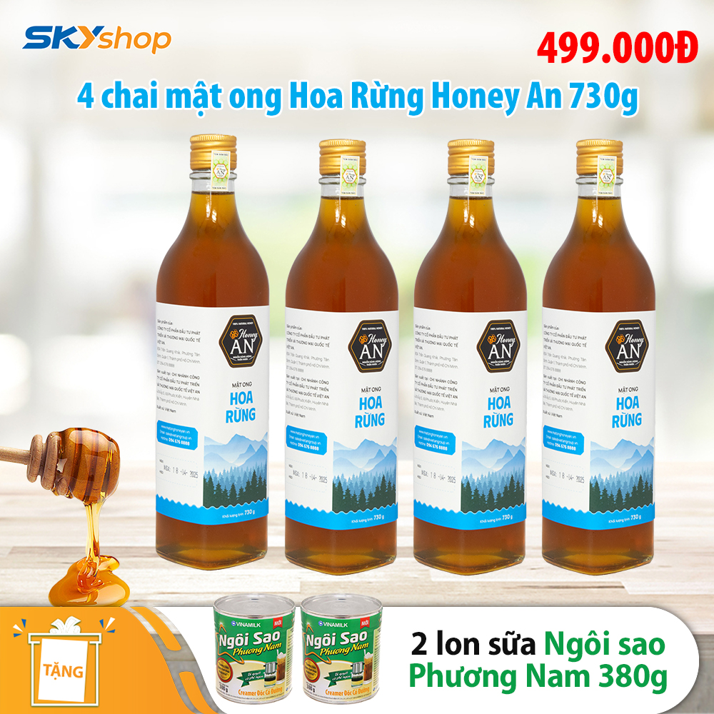 4 Chai Mật Ong Hoa Rừng Honey An 730g/Chai - Tặng 2 lon sữa đặc Ngôi sao Phương Nam 380g 4 Chai Mật Ong Hoa Rừng Honey An 730g/Chai - Tặng 2 lon sữa đặc Ngôi sao Phương Nam 380g