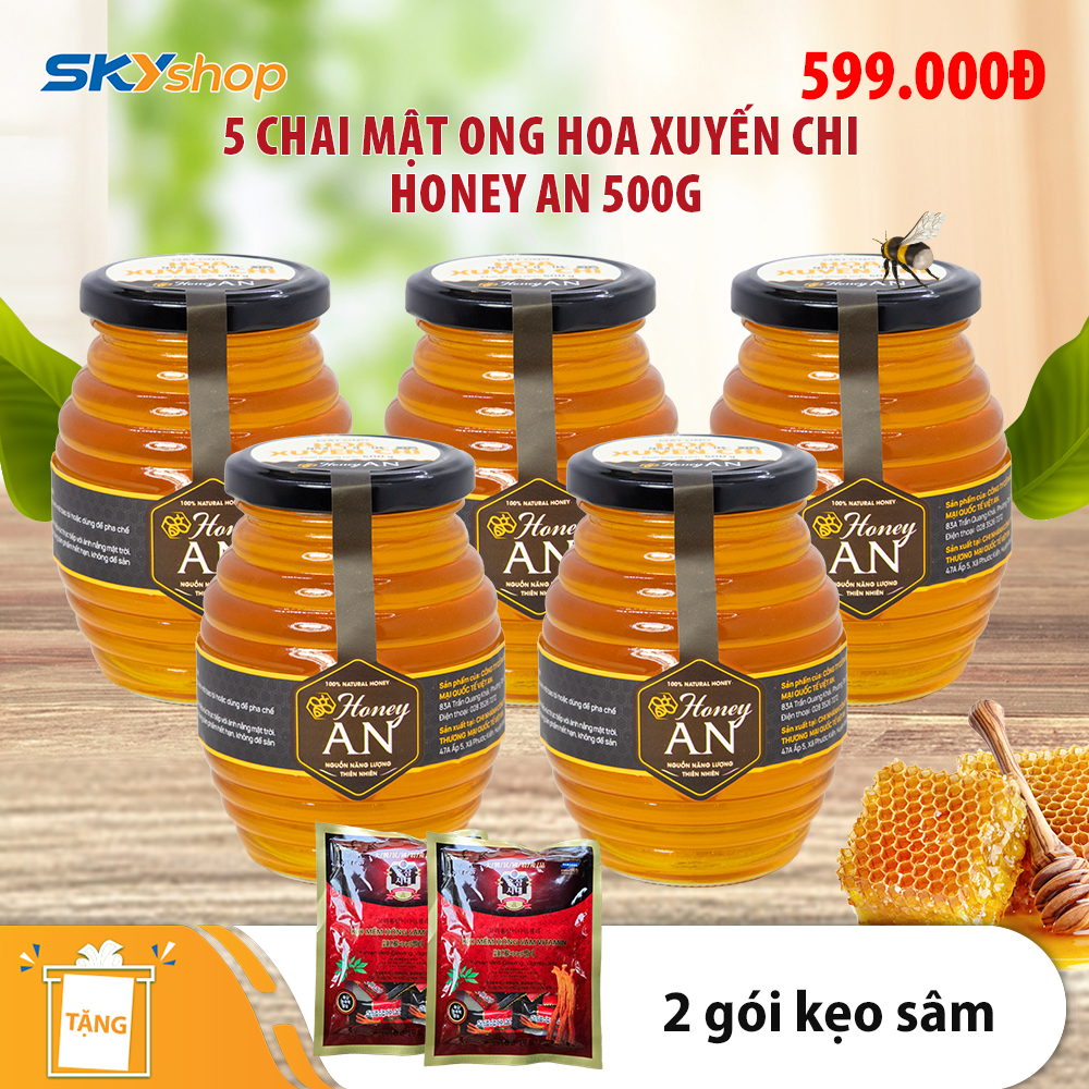 5 Hũ Mật Ong Hoa Xuyến Chi Honey An 500g /Hũ - Tặng 2 gói kẹo sâm 5 Hũ Mật Ong Hoa Xuyến Chi Honey An 500g /Hũ - Tặng 2 gói kẹo sâm