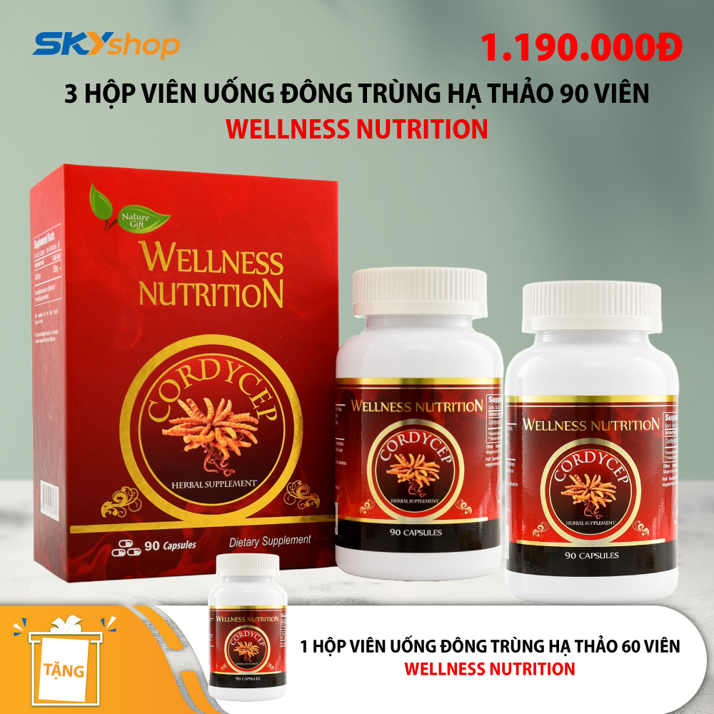 3 Hộp viên uống Đông Trùng Hạ Thảo Wellness Nutrition 90 viên/lọ - Tặng 1 hộp Wellness Nutrition 60 viên/lọ 3 Hộp viên uống Đông Trùng Hạ Thảo Wellness Nutrition 90 viên/lọ - Tặng 1 hộp Wellness Nutrition 60 viên/lọ