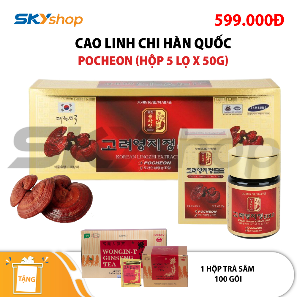 1 hộp cao linh chi Hàn Quốc Pocheon (hộp 5 lọ x 50g) - Tặng 1 hộp trà sâm  1 hộp cao linh chi Hàn Quốc Pocheon (hộp 5 lọ x 50g) - Tặng 1 hộp trà sâm