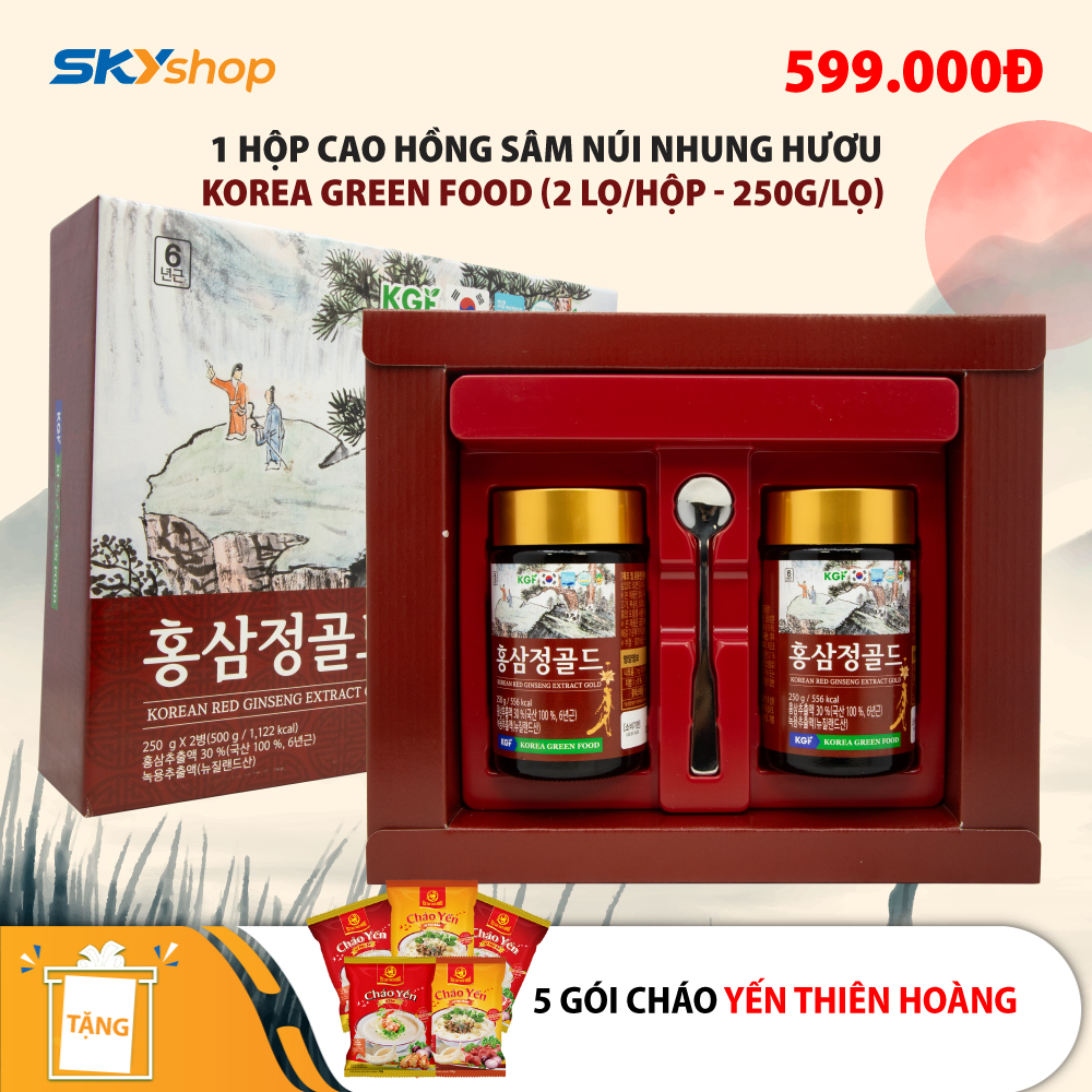 1 hộp cao hồng sâm núi nhung hươu (2 lọ 250g) Korea Green Food - Tặng 5 gói cháo yến Thiên Hoàng 1 hộp cao hồng sâm núi nhung hươu (2 lọ 250g) Korea Green Food - Tặng 5 gói cháo yến Thiên Hoàng