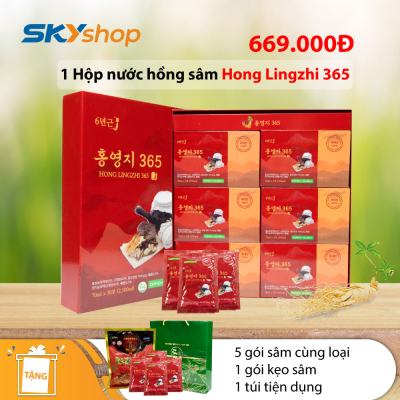 1 hộp nước hồng sâm Linh Chi Hong Lingzhi 365 (30 gói/hộp) - Tặng 5 gói hồng sâm linh chi cùng loại (70ml) + 1 gói kẹo sâm + 1 túi giấy