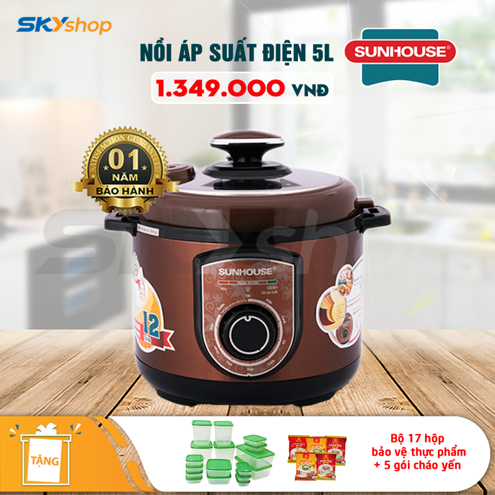 Nồi áp suất điện đa năng SUNHOUSE SHD1550 - Tặng 17 hộp đựng thực phẩm + 5 gói cháo yến Thiên Hoàng