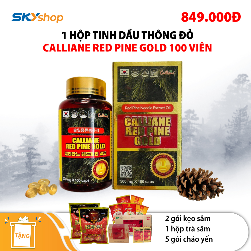 1 Hộp tinh dầu thông đỏ Hàn Quốc Calliane Red Pine Gold 100 viên - Tặng 1 hộp trà sâm Wongin-T Ginseng Tea + 2 gói kẹo sâm + 5  gói cháo yến Thiên Hoàng 1 Hộp tinh dầu thông đỏ Hàn Quốc Calliane Red Pine Gold 100 viên - Tặng 1 hộp trà sâm Wongin-T Ginseng Tea + 2 gói kẹo sâm + 5  gói cháo yến Thiên Hoàng
