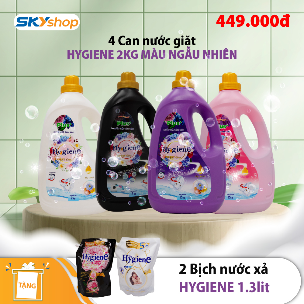 Bộ 4 can nước Hy giene 2kg màu ngẫu nhiên - Tặng 2 bịch nước xả Hy giene 1.3lit Bộ 4 can nước Hy giene 2kg màu ngẫu nhiên - Tặng 2 bịch nước xả Hy giene 1.3lit