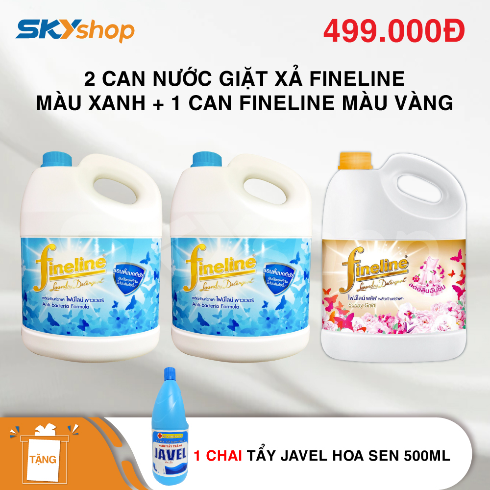 Bộ 2 bình nước giặt xả Thái Lan Fineline 3 lít màu xanh + 1 chai nước giặt xả Fineline màu vàng (3 lít) - Tặng 1 chai tẩy Javel Hoa Sen 500ml Bộ 2 bình nước giặt xả Thái Lan Fineline 3 lít màu xanh + 1 chai nước giặt xả Fineline màu vàng (3 lít) - Tặng 1 chai tẩy Javel Hoa Sen 500ml