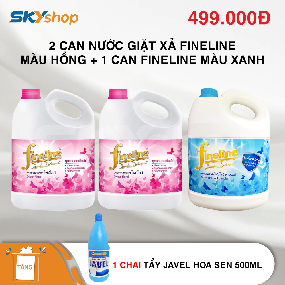 Bộ 2 bình nước giặt xả Thái Lan Fineline 3 lít màu hồng + 1 chai nước giặt xả Fineline màu xanh (3 lít) - Tặng 1 chai tẩy Javel Hoa Sen 500ml Bộ 2 bình nước giặt xả Thái Lan Fineline 3 lít màu hồng + 1 chai nước giặt xả Fineline màu xanh (3 lít) - Tặng 1 chai tẩy Javel Hoa Sen 500ml