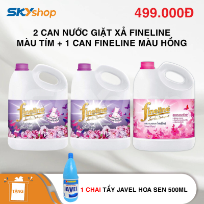 Bộ 2 bình nước giặt xả Thái Lan Fineline 3 lít màu tím + 1 chai nước giặt xả Fineline màu hồng (3 lít) - Tặng 1 chai tẩy Javel Hoa Sen 500ml