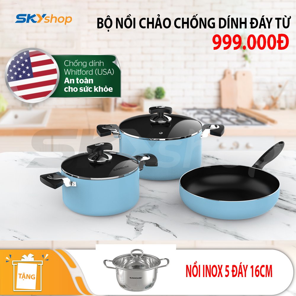 Bộ 2 Nồi 1 Chảo Chống Dính Đáy Từ SUNHOUSE SHG77MB - Tặng nồi inox SUNHOUSE 5 đáy 16cm SHG788-16 Bộ 2 Nồi 1 Chảo Chống Dính Đáy Từ SUNHOUSE SHG77MB - Tặng nồi inox SUNHOUSE 5 đáy 16cm SHG788-16
