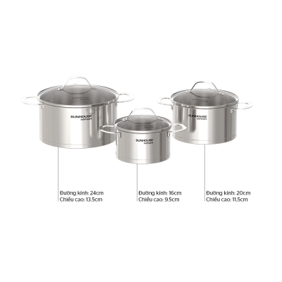 Bộ 3 Nồi Inox 5 Đáy SUNHOUSE MAMA SHG502 Bộ 3 Nồi Inox 5 Đáy SUNHOUSE MAMA SHG502