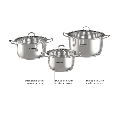 Bộ 3 Nồi Inox 5 Đáy SUNHOUSE SHG788 Bộ 3 Nồi Inox 5 Đáy SUNHOUSE SHG788