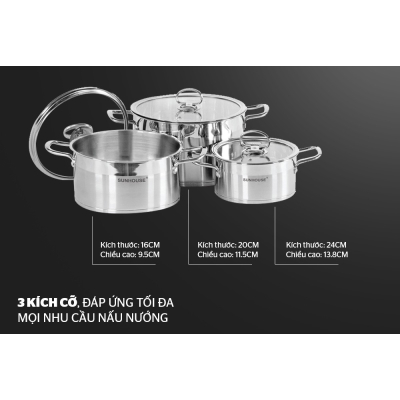 Bộ 3 Nồi Inox 5 Đáy SUNHOUSE MAMA SH784 Bộ 3 Nồi Inox 5 Đáy SUNHOUSE MAMA SH784