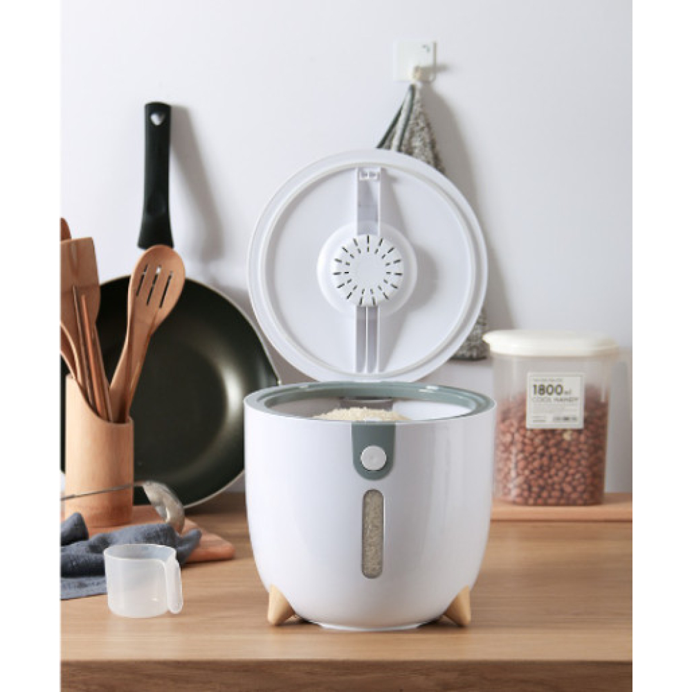 Thùng đựng gạo thông minh 10 kg có chân đế nắp tròn kèm hũ vo gạo tiện dụng màu trắng xanh Thùng đựng gạo thông minh 10 kg có chân đế nắp tròn kèm hũ vo gạo tiện dụng màu trắng xanh