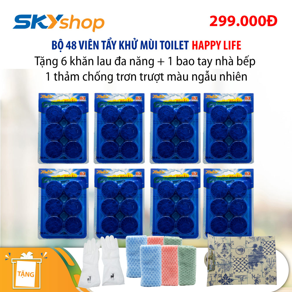 Bộ 48 viên tẩy toilet Happy Life - Tặng 6 khăn lau đa năng + 1 thảm chống trơn trượt (màu ngẫu nhiên) + 1 bao tay nhà bếp Bộ 48 viên tẩy toilet Happy Life - Tặng 6 khăn lau đa năng + 1 thảm chống trơn trượt (màu ngẫu nhiên) + 1 bao tay nhà bếp