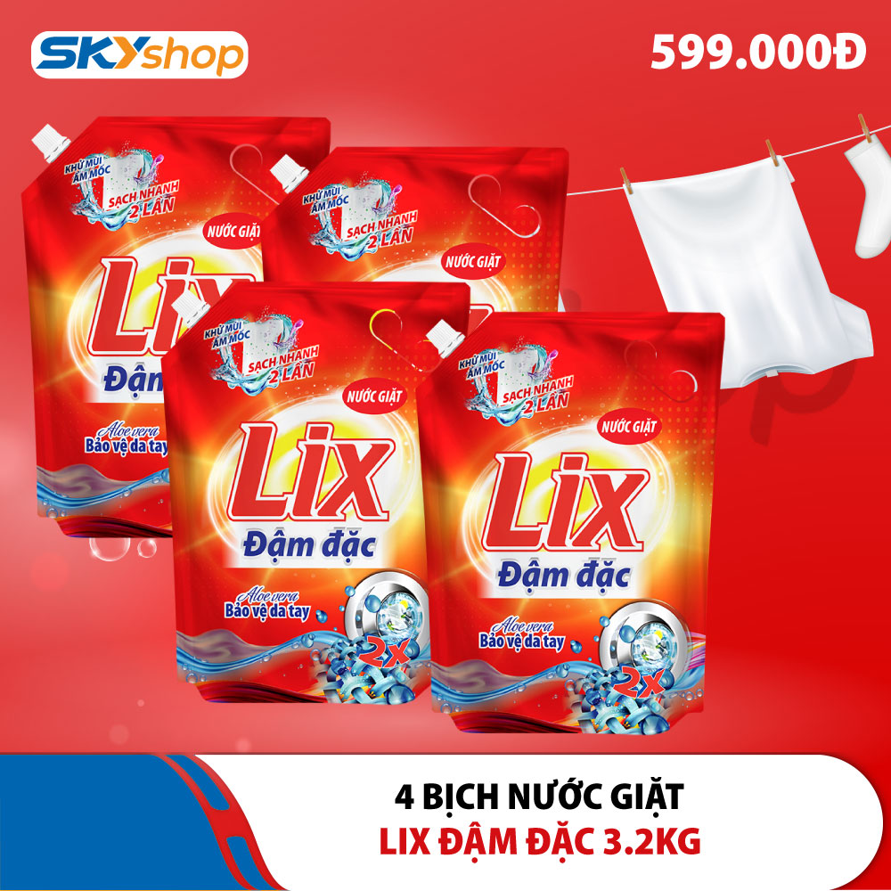 4 Bịch nước giặt Lix đậm đặc 3.2kg tăng gấp đôi sức mạnh (Giao HCM) 4 Bịch nước giặt Lix đậm đặc 3.2kg tăng gấp đôi sức mạnh (Giao HCM)