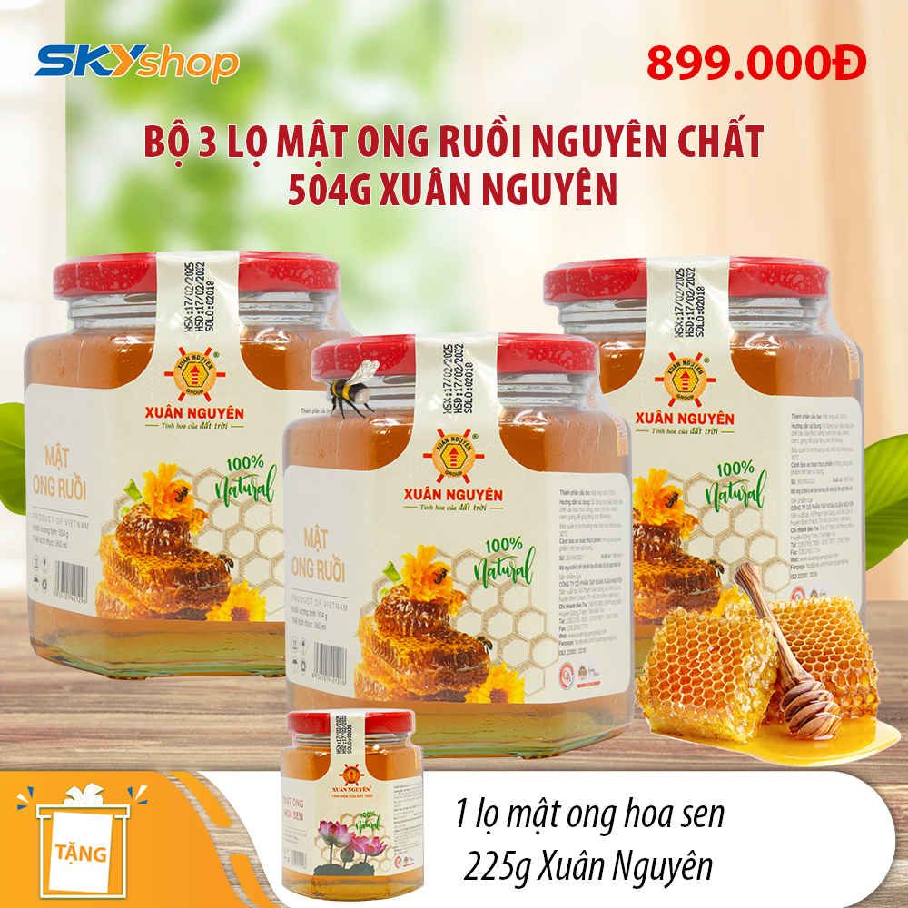 3 lọ mật ong ruồi nguyên chất 504g Xuân Nguyên  - Tặng 1 lọ mật ong hoa sen 225g 3 lọ mật ong ruồi nguyên chất 504g Xuân Nguyên  - Tặng 1 lọ mật ong hoa sen 225g