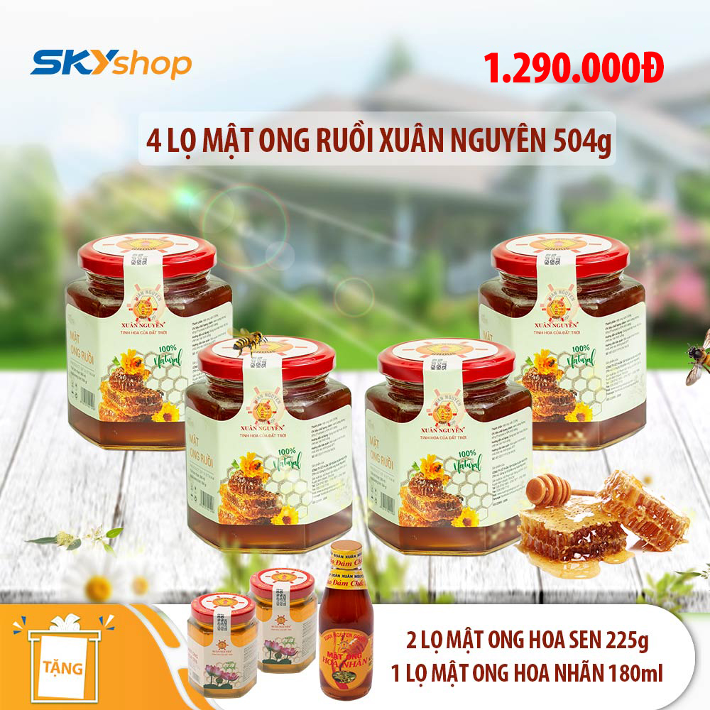 4 lọ mật ong ruồi nguyên chất 504g Xuân Nguyên  - Tặng 2 lọ mật ong hoa sen 225g + 1 chai mật ong hoa nhãn 180ml 4 lọ mật ong ruồi nguyên chất 504g Xuân Nguyên  - Tặng 2 lọ mật ong hoa sen 225g + 1 chai mật ong hoa nhãn 180ml