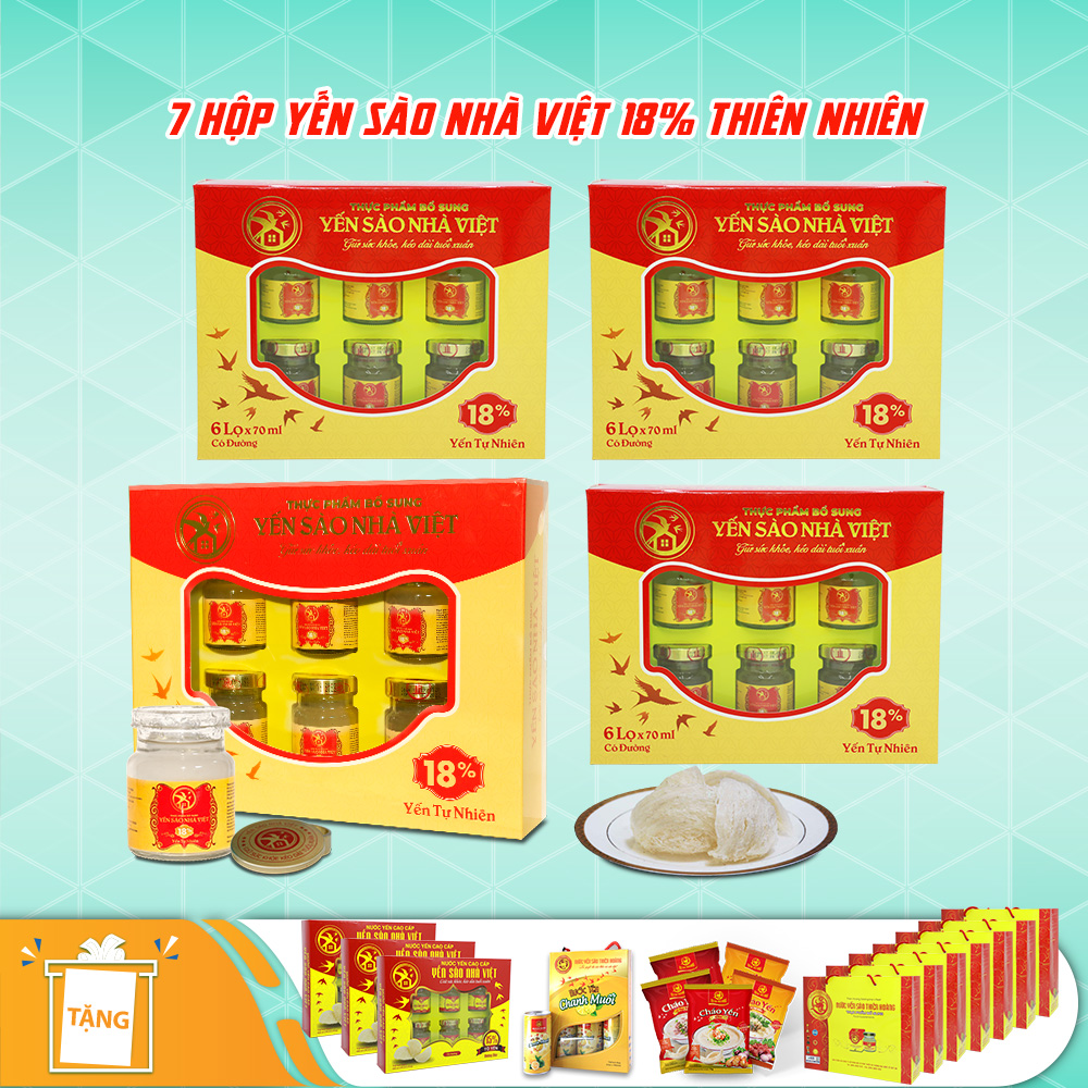 7 hộp yến sào nhà việt 18% (6 lọ/hộp) - Tặng kèm 3 hộp yến sào Nhà Việt hương dừa 15% (6 lọ/hộp) + 1 hộp yến lon hương ngẫu nhiên 6 lon/hộp + 5 gói cháo yến + 7 túi xách yến 7 hộp yến sào nhà việt 18% (6 lọ/hộp) - Tặng kèm 3 hộp yến sào Nhà Việt hương dừa 15% (6 lọ/hộp) + 1 hộp yến lon hương ngẫu nhiên 6 lon/hộp + 5 gói cháo yến + 7 túi xách yến
