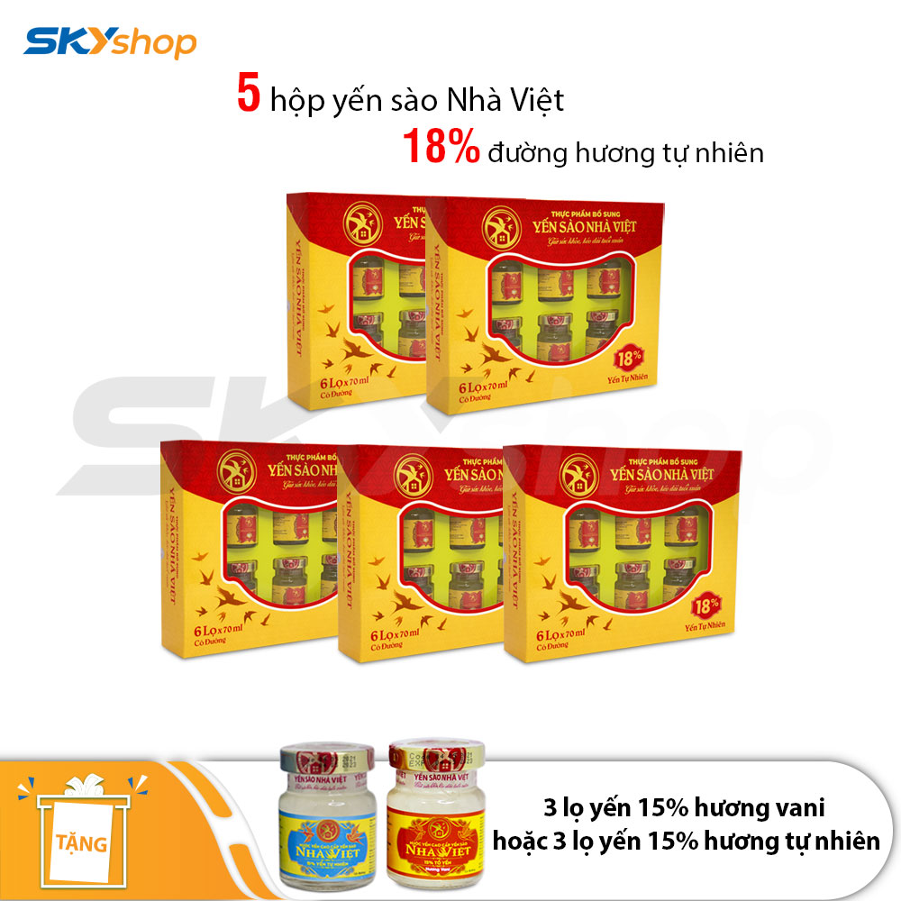 5 Hộp yến sào Nhà Việt 18% có đường hương tự nhiên (6 lọ/hộp) - Tặng 3 lọ yến sào 15% hương vani hoặc 3 lọ yến sào 15% yến tự nhiên 5 Hộp yến sào Nhà Việt 18% có đường hương tự nhiên (6 lọ/hộp) - Tặng 3 lọ yến sào 15% hương vani hoặc 3 lọ yến sào 15% yến tự nhiên