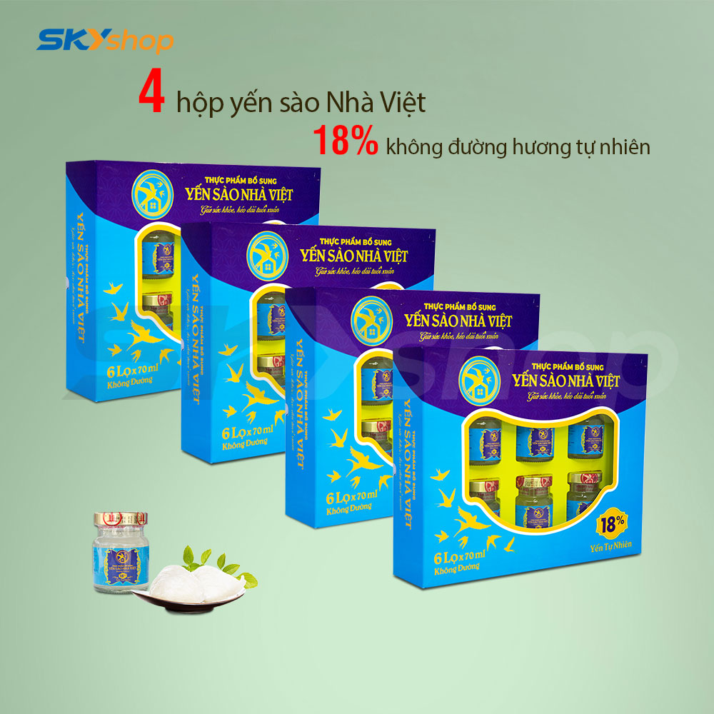 4 Hộp yến sào Nhà Việt 18% không đường hương tự nhiên (6 lọ/hộp) 4 Hộp yến sào Nhà Việt 18% không đường hương tự nhiên (6 lọ/hộp)