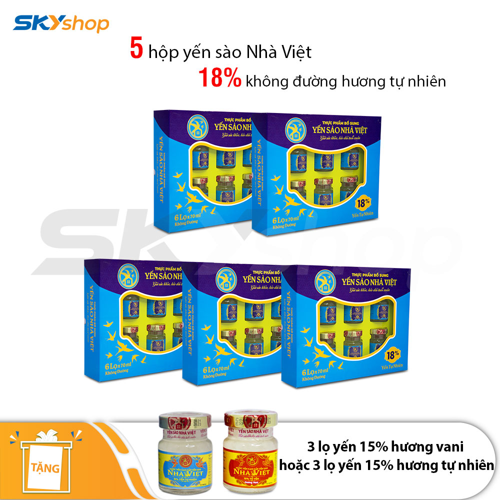 5 Hộp yến sào Nhà Việt 18% không đường hương tự nhiên (6 lọ/hộp) - Tặng 3 lọ yến sào 15% hương vani hoặc 3 lọ yến sào 15% yến tự nhiên 5 Hộp yến sào Nhà Việt 18% không đường hương tự nhiên (6 lọ/hộp) - Tặng 3 lọ yến sào 15% hương vani hoặc 3 lọ yến sào 15% yến tự nhiên