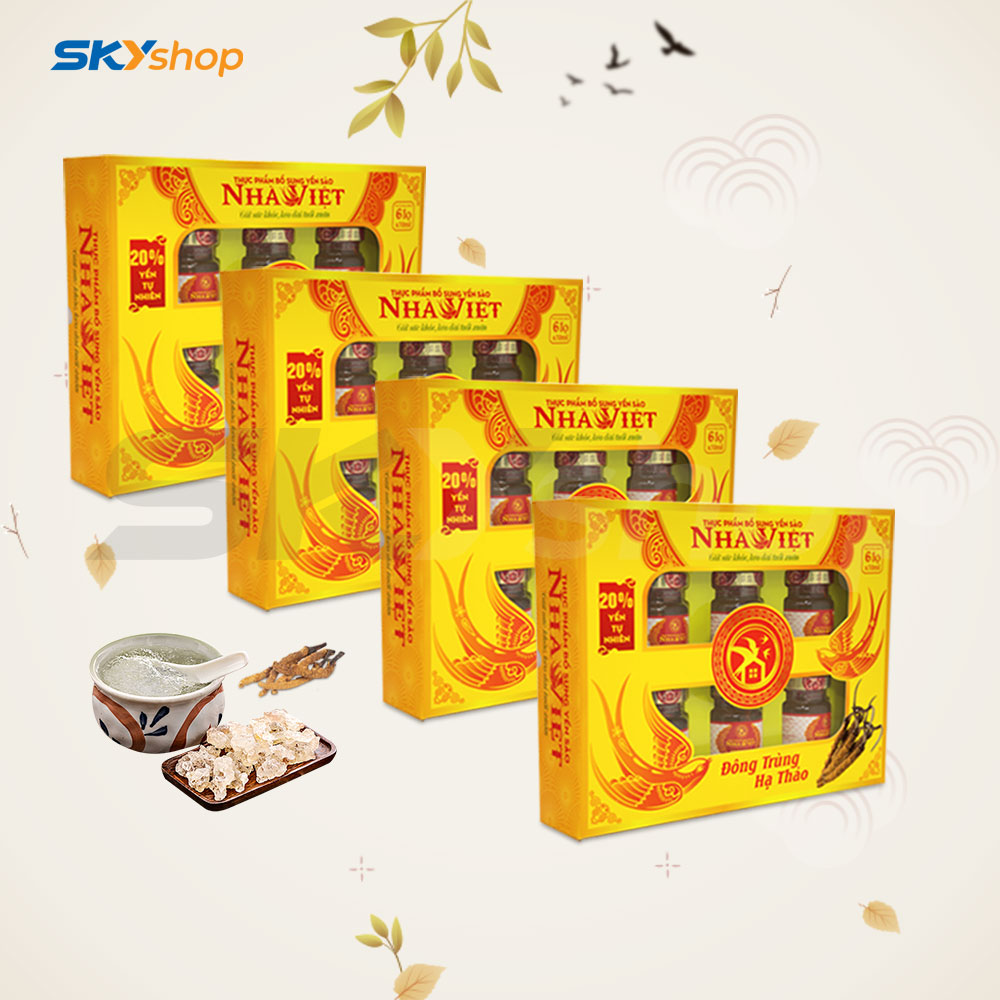 4 Hộp yến sào Nhà Việt 20% có đường đông trùng hạ thảo (6 lọ/hộp) 4 Hộp yến sào Nhà Việt 20% có đường đông trùng hạ thảo (6 lọ/hộp)