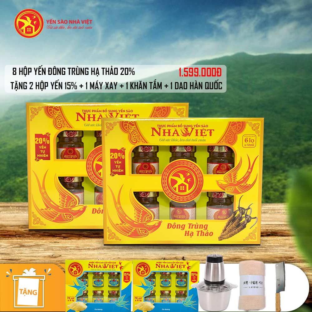 8 Hộp yến sào Nhà Việt 20% Đông Trùng Hạ Thảo (6 lọ/hộp) - Tặng 2 hộp yến tự nhiên 15% + 1 máy xay thịt + 1 dao Hàn Quốc + 1 khăn Hàn Quốc