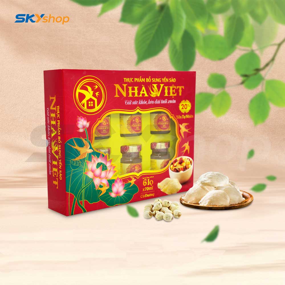 1 Hộp yến sào Nhà Việt 20% có đường hương tự nhiên (6 lọ/hộp) 1 Hộp yến sào Nhà Việt 20% có đường hương tự nhiên (6 lọ/hộp)