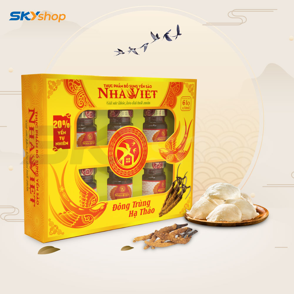 1 Hộp yến sào Nhà Việt 20% có đường đông trùng hạ thảo (6 lọ/hộp) 1 Hộp yến sào Nhà Việt 20% có đường đông trùng hạ thảo (6 lọ/hộp)