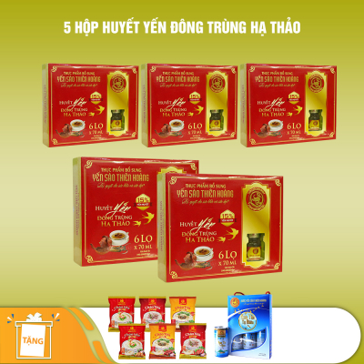 5 hộp yến sào Thiên Hoàng 15% huyết yến đông trùng hạ thảo (6 lọ/hộp) - Tặng 6 gói cháo yến Thiên Hoàng + 6 lon yến vị ngẫu nhiên 5 hộp yến sào Thiên Hoàng 15% huyết yến đông trùng hạ thảo (6 lọ/hộp) - Tặng 6 gói cháo yến Thiên Hoàng + 6 lon yến vị ngẫu nhiên