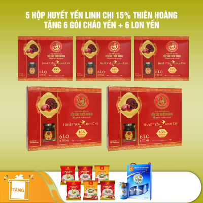 5 hộp yến sào Thiên Hoàng 15% huyết yến linh chi (6 lọ/hộp) - Tặng 6 gói cháo yến Thiên Hoàng + 6 lon yến vị ngẫu nhiên 5 hộp yến sào Thiên Hoàng 15% huyết yến linh chi (6 lọ/hộp) - Tặng 6 gói cháo yến Thiên Hoàng + 6 lon yến vị ngẫu nhiên