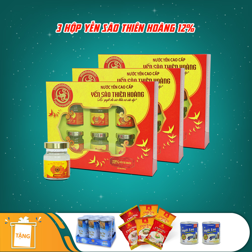 3 hộp Yến sào Thiên Hoàng 12% - Tặng kèm 14 Món quà tặng: 06 lon nước yến hương vị ngẫu nhiên + 06 gói cháo yến hương vị ngẫu nhiên + 02 hộp sữa đặc Ngôi sao Phương Nam 3 hộp Yến sào Thiên Hoàng 12% - Tặng kèm 14 Món quà tặng: 06 lon nước yến hương vị ngẫu nhiên + 06 gói cháo yến hương vị ngẫu nhiên + 02 hộp sữa đặc Ngôi sao Phương Nam