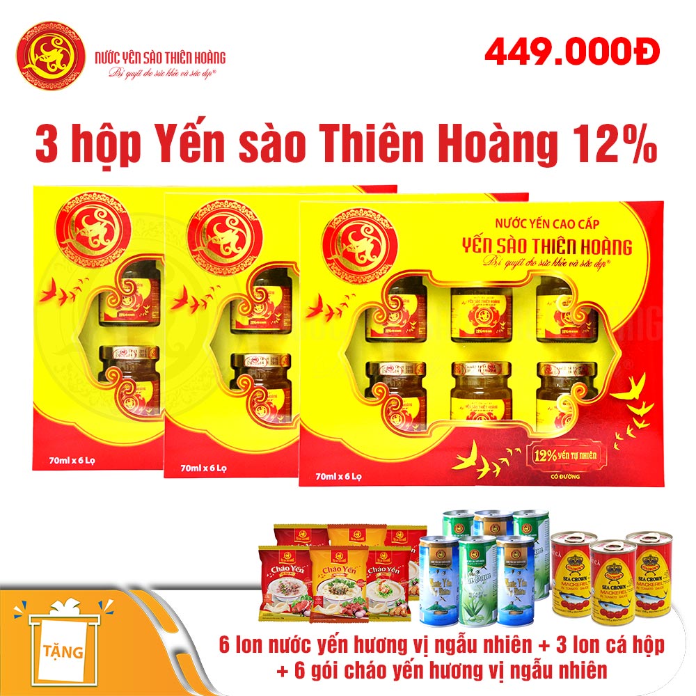 3 hộp Yến sào Thiên Hoàng 12% - Tặng 6 lon nước yến hương vị ngẫu nhiên + 06 gói cháo yến hương vị ngẫu nhiên + 3 lon cá hộp Sea Crown 3 hộp Yến sào Thiên Hoàng 12% - Tặng 6 lon nước yến hương vị ngẫu nhiên + 06 gói cháo yến hương vị ngẫu nhiên + 3 lon cá hộp Sea Crown