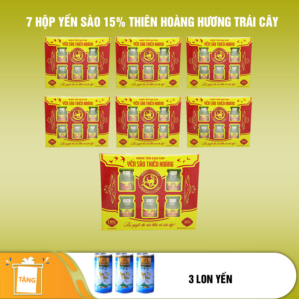 7 hộp yến sào Thiên Hoàng 15% hương trái cây (6 lọ/hộp) - Tặng 3 gói cháo yến Thiên Hoàng hoặc 3 lon yến sào Thiên Hoàng vị ngẫu nhiên 7 hộp yến sào Thiên Hoàng 15% hương trái cây (6 lọ/hộp) - Tặng 3 gói cháo yến Thiên Hoàng hoặc 3 lon yến sào Thiên Hoàng vị ngẫu nhiên