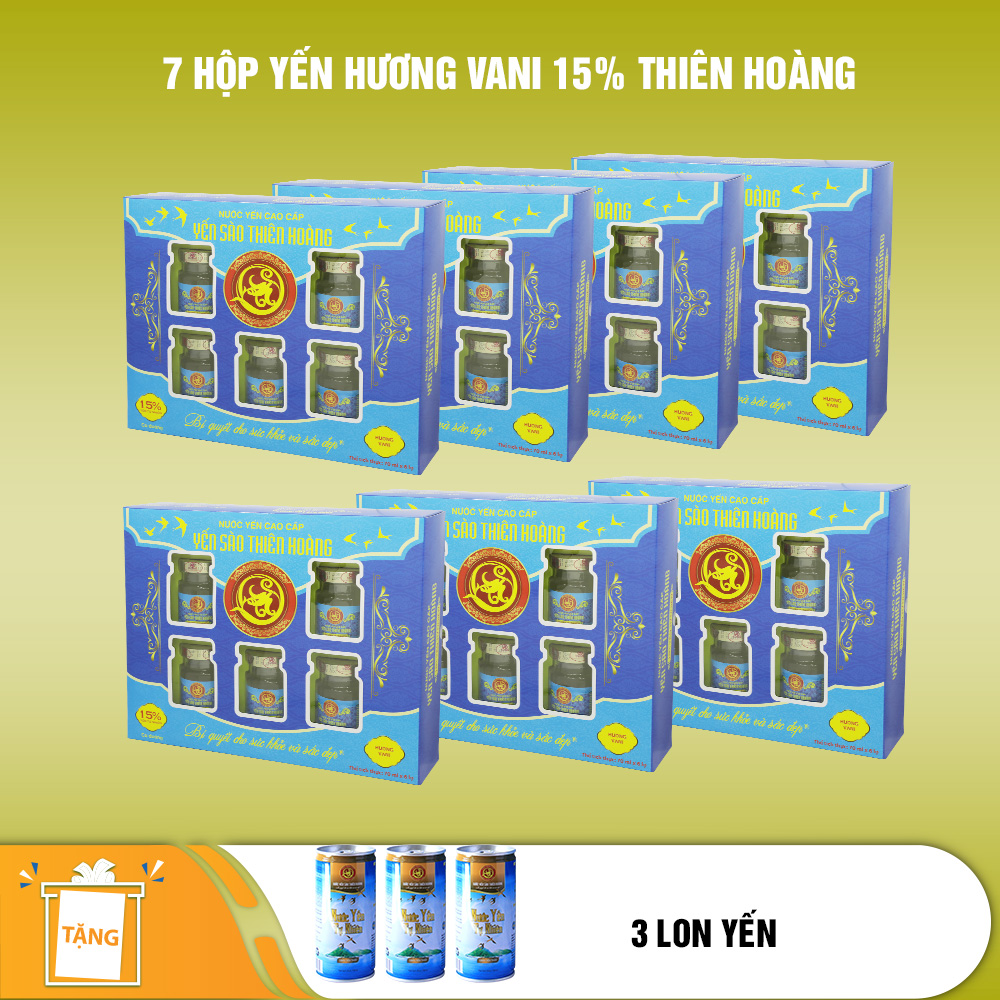 7 hộp yến sào Thiên Hoàng 15% hương vani  (6 lọ/hộp) - Tặng 3 lon yến hoặc 3 gói cháo yến Thiên Hoàng 7 hộp yến sào Thiên Hoàng 15% hương vani  (6 lọ/hộp) - Tặng 3 lon yến hoặc 3 gói cháo yến Thiên Hoàng