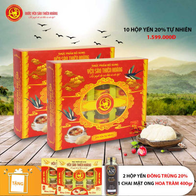 10 Hộp yến sào Thiên Hoàng 20% Hương tự nhiên (6 lọ/hộp) - Tặng 2 hộp yến sào Đông Trùng Hạ Thảo 20% + 1 chai mật ong Hoa Tràm 400gr 10 Hộp yến sào Thiên Hoàng 20% Hương tự nhiên (6 lọ/hộp) - Tặng 2 hộp yến sào Đông Trùng Hạ Thảo 20% + 1 chai mật ong Hoa Tràm 400gr