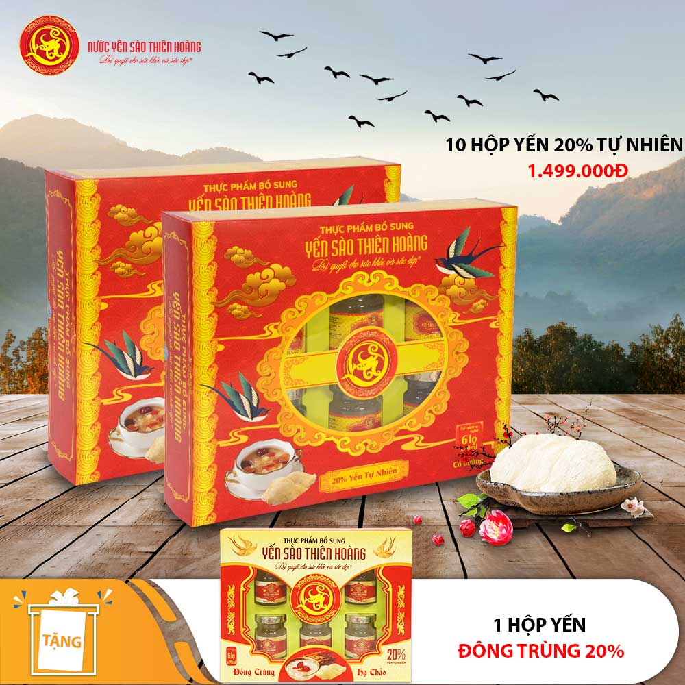 10 Hộp yến sào Thiên Hoàng 20% Hương tự nhiên (6 lọ/hộp) - Tặng 1 hộp yến sào Đông Trùng Hạ Thảo 20% 10 Hộp yến sào Thiên Hoàng 20% Hương tự nhiên (6 lọ/hộp) - Tặng 1 hộp yến sào Đông Trùng Hạ Thảo 20%